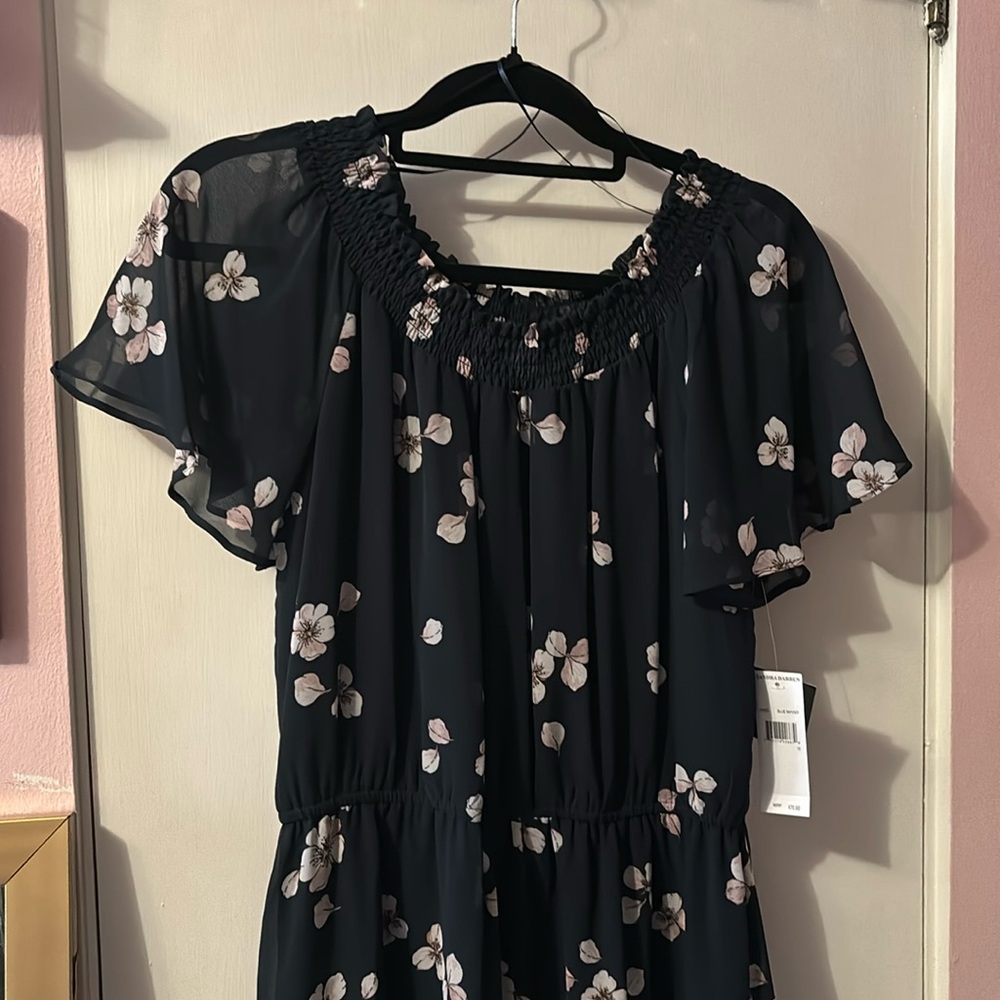 Sundress NWT dark navy chiffon with pink flowers size misses 12